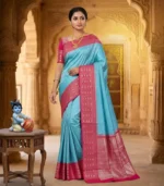 Wedding Pure Silk Saree (Anandha blue - Hot Pink)