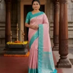 Wedding Pure Silk Saree (Blush Pink - Sky Blue)