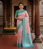 Wedding Pure Silk Saree (Blush Pink - Sky Blue)