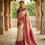 Wedding Pure Silk Saree (Cream - Hot Pink)