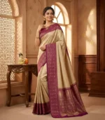 Wedding Pure Silk Saree (Cream - Purple)