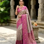 Wedding Pure Silk Saree (Cream - Rani Pink)