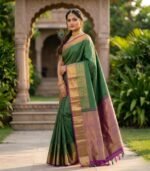 Wedding Pure Silk Saree (Dark Green - Magenta Pink) - Image 2