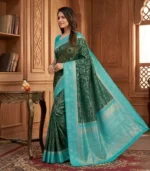 Wedding Pure Silk Saree (Dark Green - Sky Blue) - Image 2