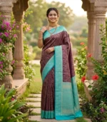 Wedding Pure Silk Saree (Deep Purple - Sky Blue)