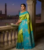 Wedding Pure Silk Saree (Lime Green - Anandha Blue) - Image 2