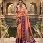 Wedding Pure Silk Saree (Melon Orange - Deep Purple)