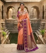 Wedding Pure Silk Saree (Melon Orange - Deep Purple)