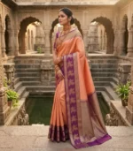 Wedding Pure Silk Saree (Melon Orange - Deep Purple) - Image 2