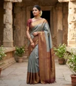 Wedding Pure Silk Saree (Moonlight Silver- Rosey Brown) - Image 2