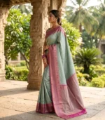 Wedding Pure Silk Saree (Ocean Green - Rani Pink) - Image 2