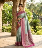 Wedding Pure Silk Saree (Ocean Green - Rani Pink)