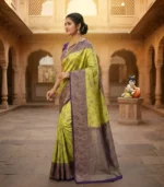 Wedding Pure Silk Saree (Parrot Green - Deep Purple) - Image 2