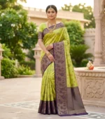 Wedding Pure Silk Saree (Parrot Green - Deep Purple)