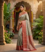 Wedding Pure Silk Saree (Pistasio Green - Red) - Image 2