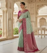 Wedding Pure Silk Saree (Sea Green - Hot Pink) - Image 2