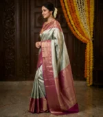 Wedding Pure Silk Saree (Silver Green - Magenta Pink) - Image 2