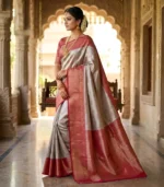 Wedding Pure Silk Saree (Silver - Hot Pink) - Image 2