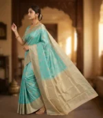 Wedding Pure Silk Saree (Sky Blue - Cream) - Image 2