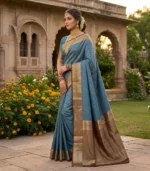 Wedding Pure Silk Saree (T-Blue -brown) - Image 2