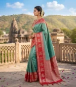 Wedding Pure Silk Saree (Teal Green - Red) - Image 2