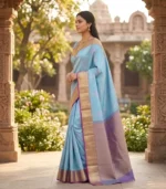 Wedding Pure Silk Saree (Turquoise blue- Magenta) - Image 2